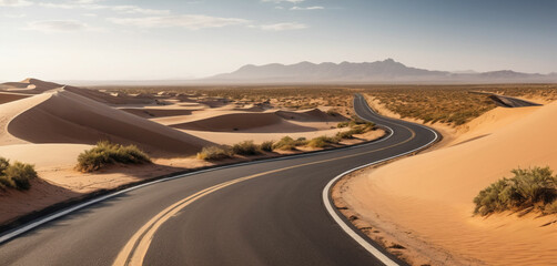 Fototapeta premium Winding asphalt road through a vast sandy desert landscape