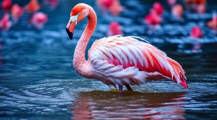 Obraz premium pink flamingo on the lake, pink flamingo swimming on the water, close-up of a beautiful pink flamingo