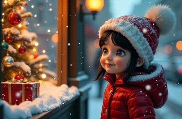Adorable little girl kid looking through the display window at Christmas decoration in the shop, new year, holyday,banner
