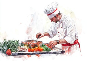 Watercolor Illustration of a Chef Cooking with fresh ingredients like tomatoes, zucchini and herbs. The chef is wearing a white chef's uniform with a red sash and a white toque. He is preparing a deli