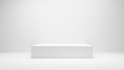 White table background. White empty Table platform cube with spotlight in white empty studio room. White display wall platform presentation, - white geometrical forms cube place mock up for products