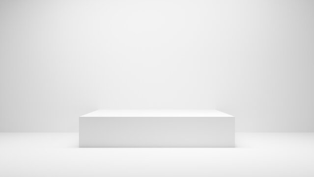 White table background. White empty Table platform cube with spotlight in white empty studio room. White display wall platform presentation, - white geometrical forms cube place mock up for products