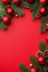 Festive Christmas fir branches adorned with shiny red ornaments.