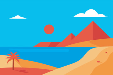 Obraz premium A serene beach scene with a lone palm tree, red pyramids, sandy dunes, and a blue sky. Clouds add to the tranquil setting. No roads or sun visible.