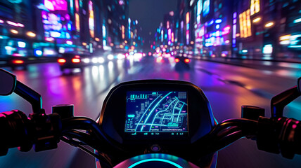 POV of riding motorcycle through neon-lit urban streets. Night cityscape with digital gps dashboard on motorcycle.