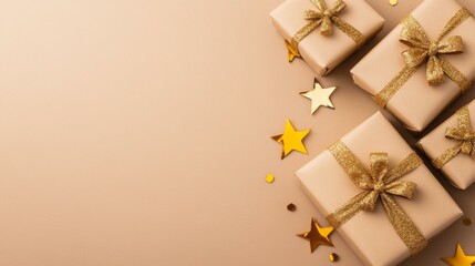 Wrapped presents with gold bows on festive display, holiday gift theme