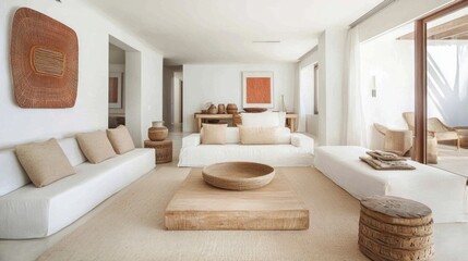 Fototapeta premium White Minimalist Living Room with Wooden Accents and Natural Textures