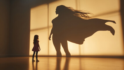 Young Girl Facing Heroic Shadow in Magical Sunlight