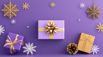 Purple Christmas gift boxes with gold bows, snowflakes, festive theme