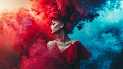 Fototapeta premium Dramatic portrait of woman with red and blue smoke