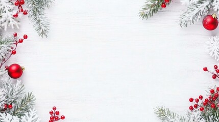 Festive Christmas scene with fir branches, red ornaments, pine cones.