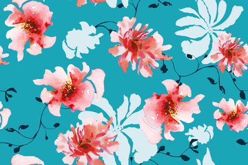Seamless pattern of blooming flowers painted in watercolor on blue background.For fabric luxurious and wallpaper, vintage style.Hand drawn botanical floral colorful pattern.