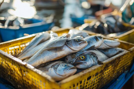 A vibrant display of fresh fish in a yellow crate at a busy market, showcasing the variety and abundance of marine life. - Powered by Adobe