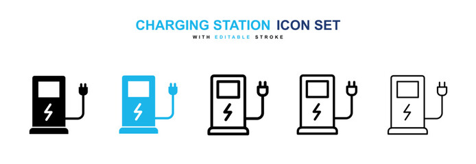 Charging station icon set in black and blue color