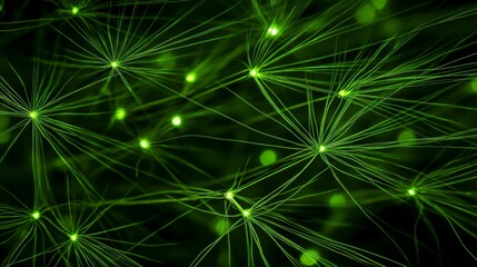 Glowing green neurons on dark background, intricate network pattern.