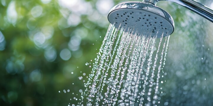 An outdoor shower head releasing streams of water against a lush green background, offering a refreshing and invigorating scene.