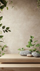 Green plants stone and wood grain booths