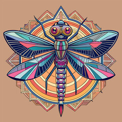 A vibrant, geometric dragonfly illustration with intricate details, capturing the beauty and elegance of nature. This art piece blends organic and abstract elements.