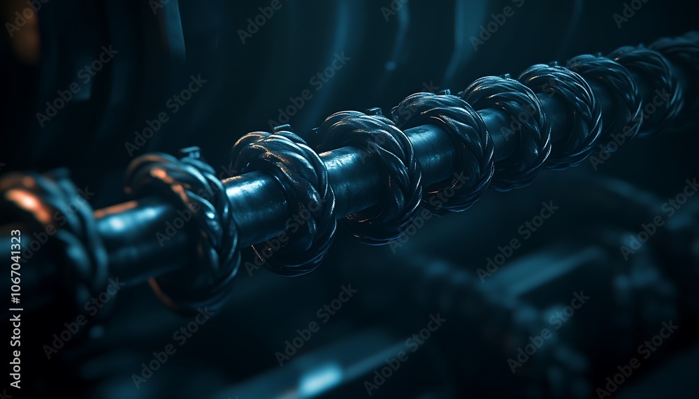 Poster a detailed close-up of metallic components featuring spiraled designs, set against a dark, moody bac