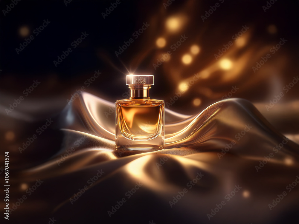 Poster a single bottle of perfume sits on a luxurious, golden satin fabric with a glittering bokeh backgrou