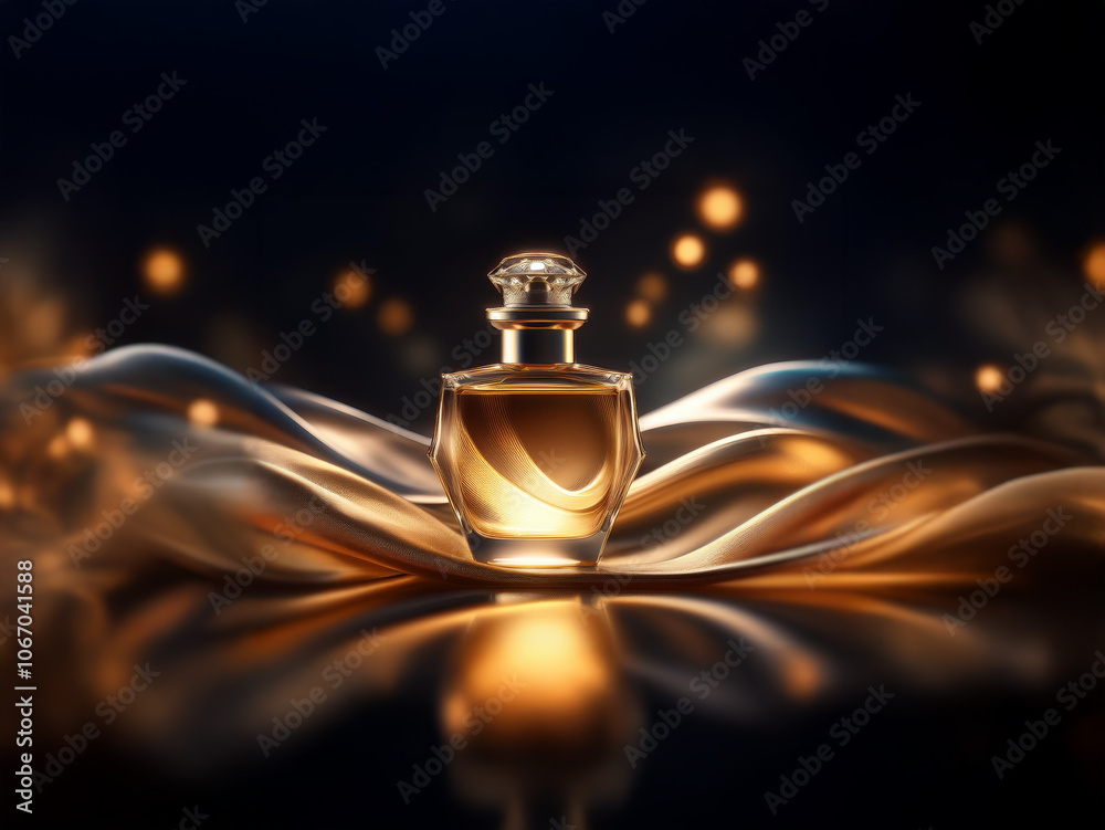 Aufkleber A glass bottle of perfume sits on a bed of shimmering fabric with a soft glow emanating from the bottle.