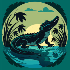 A silhouette of a crocodile in a swamp, with a background of tall reeds and a sunset sky. The crocodile is shown with its head raised, watching something in the distance.