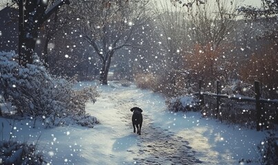 Dog walking along a snow-covered trail in a suburban park, with snowflakes gently falling