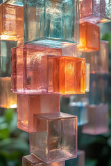 Abstract glass squares in pastel colors, floating in soft focus, creating a gentle, calming visual,