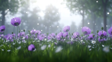 Fototapeta premium Discover the serenity of nature a lush field of purple flowers in a misty landscape