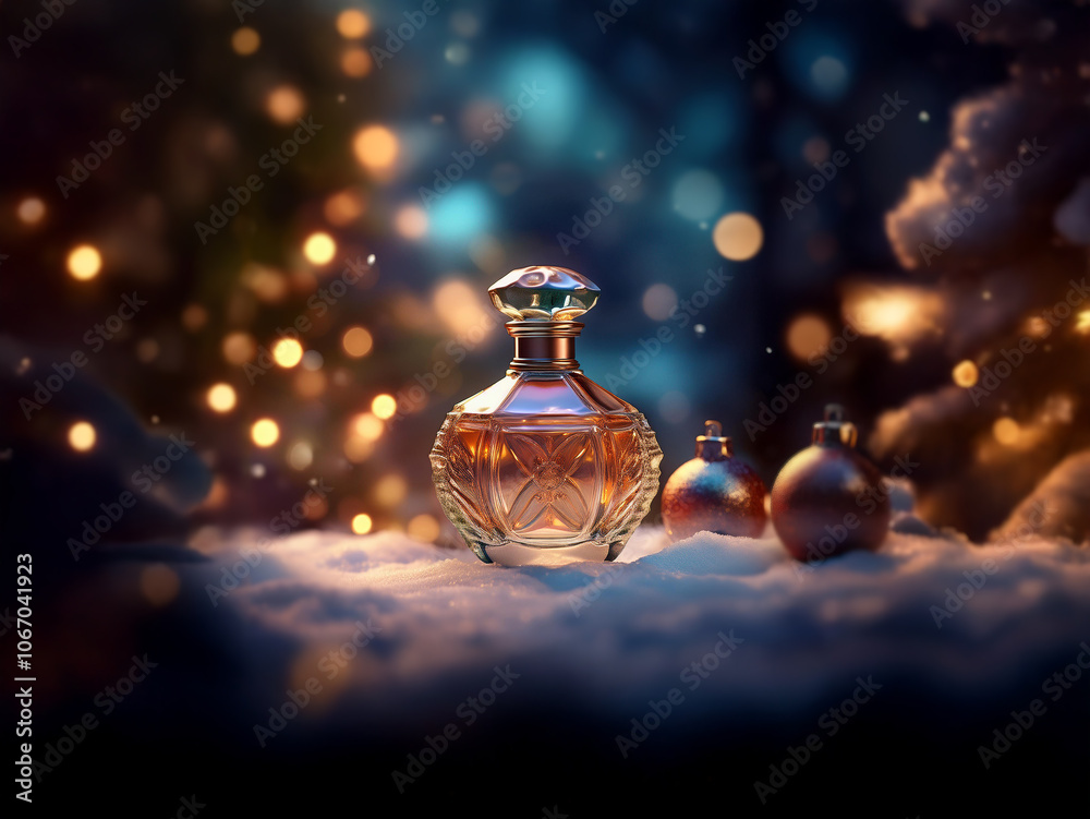Poster A glass bottle of perfume sits on a snowy surface with two ornaments and a bokeh background of glowing lights.