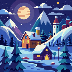 A whimsical winter scene with snow-covered houses, tall mountains, and a bright moon, perfect for adding a cozy touch to your projects.