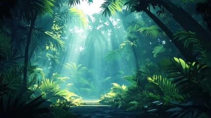 A lush green rain forest with a river meandering through it.