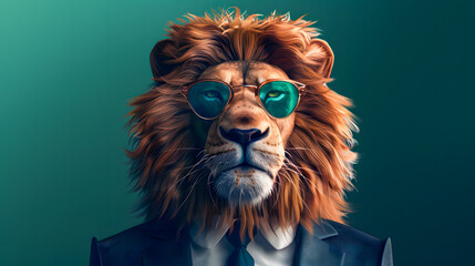 Naklejka premium Portrait of a lion wearing sunglasses, dressed in a suit and tie