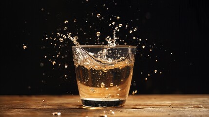 Glass of water splashing on wooden surface with dark background