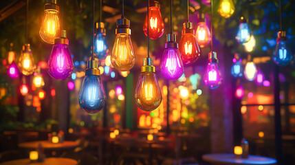 Colorful light bulbs hanging from the ceiling, casting a warm and enchanting glow with a variety of hues in a cozy restaurant setting. A festive and vibrant atmosphere