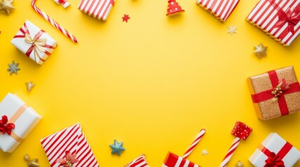 Obraz premium Colorful presents arranged in circle on bright yellow background.