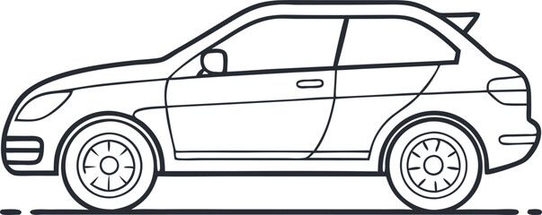 A simple line drawing of a compact car, perfect for use in automotive design, illustrations, and graphic design projects. This black and white image can be easily scaled and customized for any need.