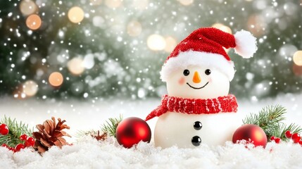 Snowman with red scarf, hat on snowy background, winter scene.