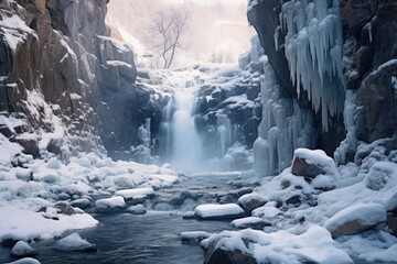 Winter ice waterfall outdoors mountain scenery.