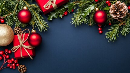 Festive Christmas decorations sparkle on deep blue background.