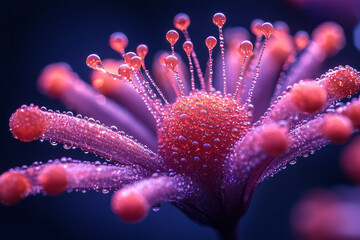 Fototapeta premium Red dots standing out on a background of purple radiating lines, captured in an abstract macro shot,