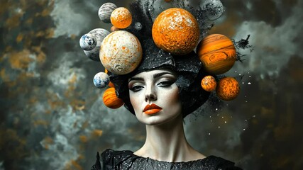 A woman with a dramatic headdress of swirling planets and stars looks intensely at the camera
