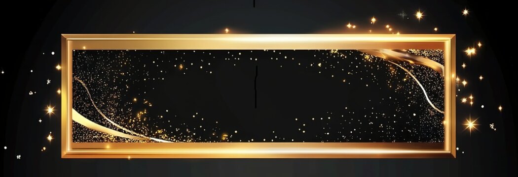 Luxury rectangle banner with gold border black background, elegant for card, wedding anniversary, advertising, announcement, anniversary
