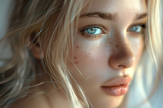 A close-up portrait of a young Caucasian woman with striking blue eyes and natural freckles, showcasing delicate features and soft lighting.