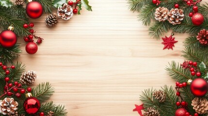Obraz premium Festive Christmas decorations on rustic wooden background, red accents.