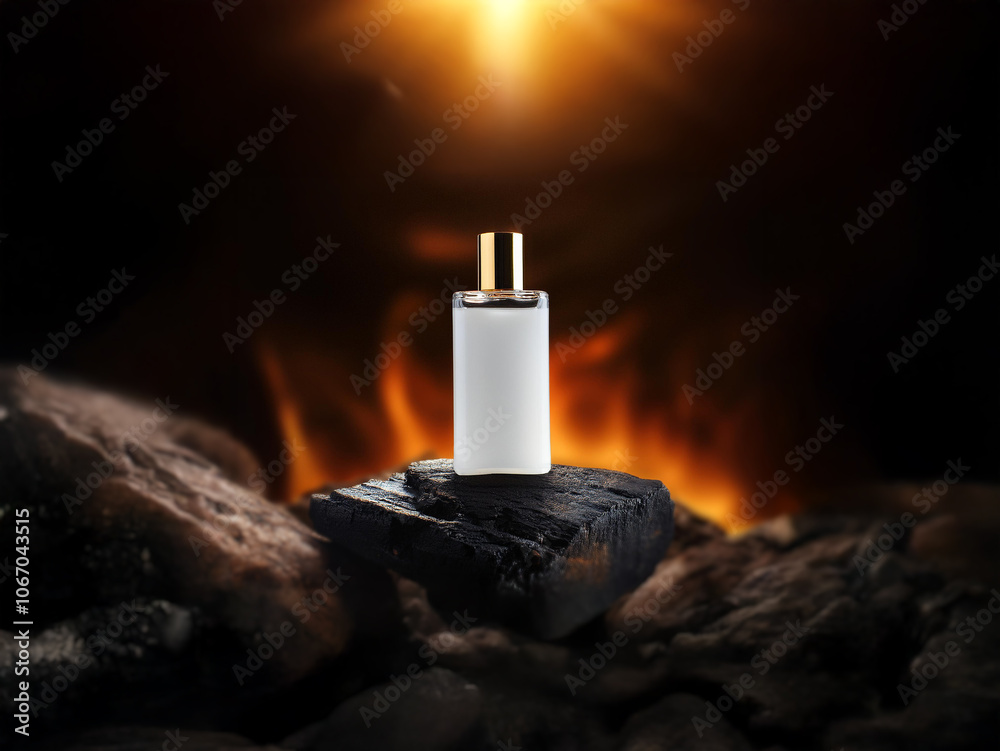 Aufkleber a white, rectangular object with golden accents sits on a rock in front of a burning fireplace.