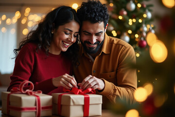 A smiling Indian couple joyfully wrapping gifts together by a festive Christmas tree, radiating warmth, love, and holiday cheer