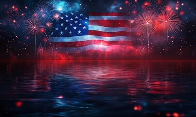 Fireworks in night sky above water, celebration of usa independence day, 4th of July. Red, blue, white American national flag, festive holiday of freedom, patriotic event, party