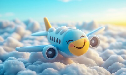 Naklejka premium 3D cartoon airplane flying through the clouds with a happy face on the cockpit window, travel and fun