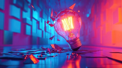 Broken light bulb shards illuminated against a glossy surface showcasing intricate details and reflections